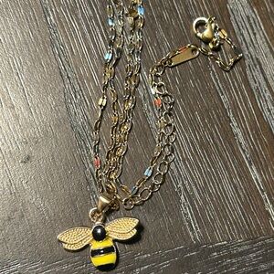 Gold Bee Pendant Necklace with Yellow & Black Enamel - Women Jewelry